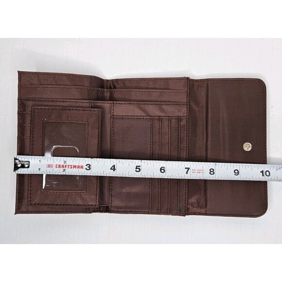 Longaberger Homestead Brown Leather Wallet Red Plaid Flap Snap Closure Tri Fold - Picture 4 of 6